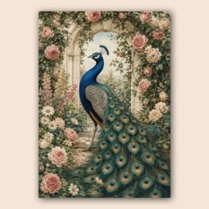 Illustration décorative d’un paon dans un jardin fleuri romantique
