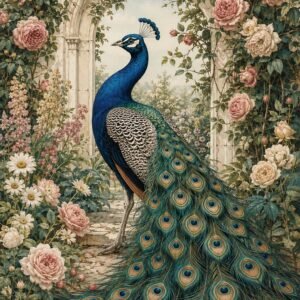 Affiche représentant Un paon majestueux prend place au cœur d’un jardin fleuri, dans une scène riche en détails et en douceur. L’ensemble mêle élégance naturelle et charme décoratif, avec une belle présence visuelle sans être trop chargée