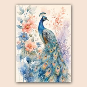 Affiche paon bleu et fleurs pastel en style aquarelle