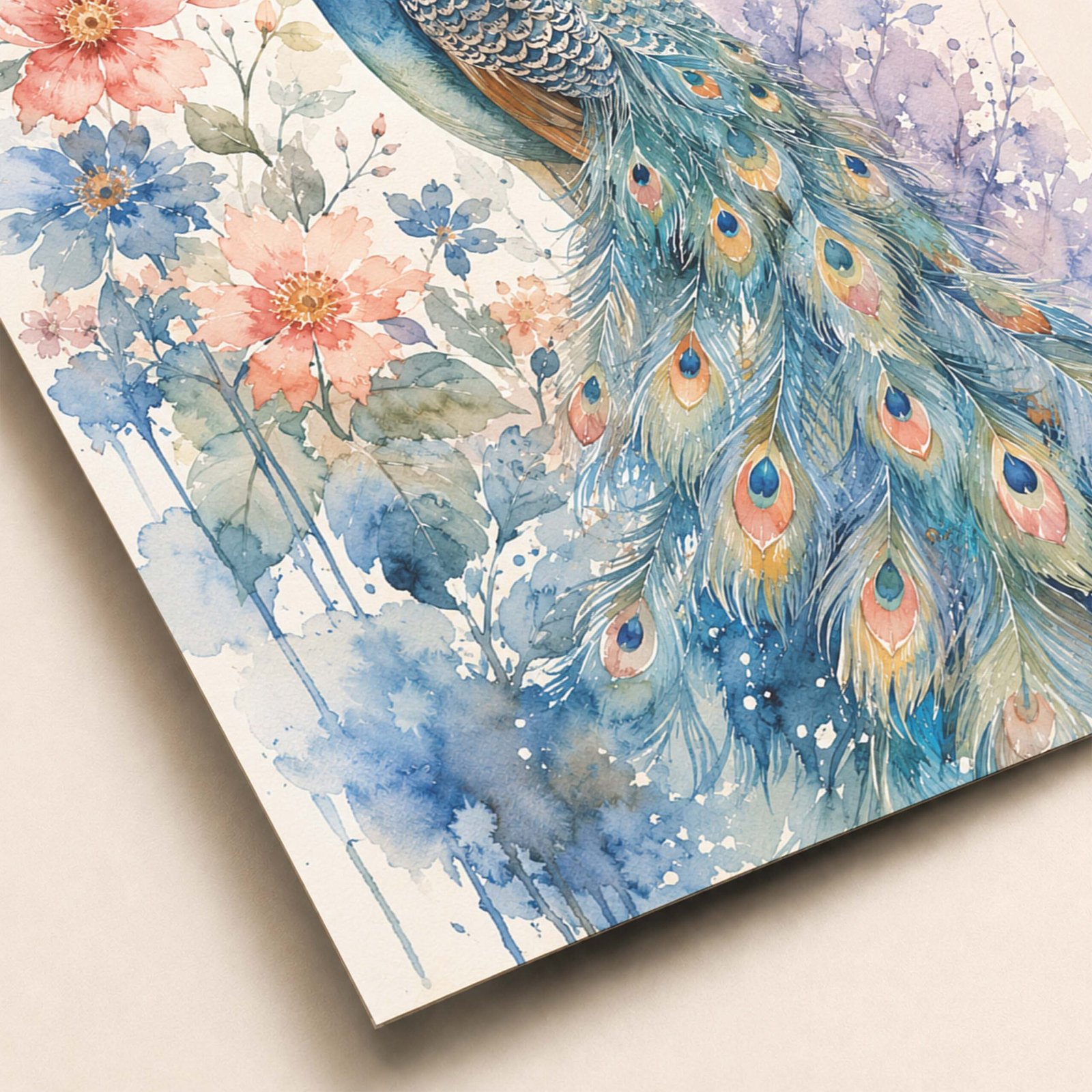 Détail du plumage du paon en aquarelle avec fleurs pastel