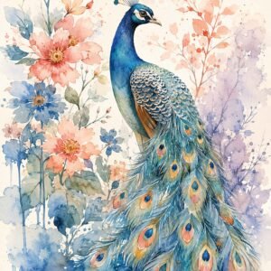Affiche représentant une composition autour de paon aquarelle bleu et floral