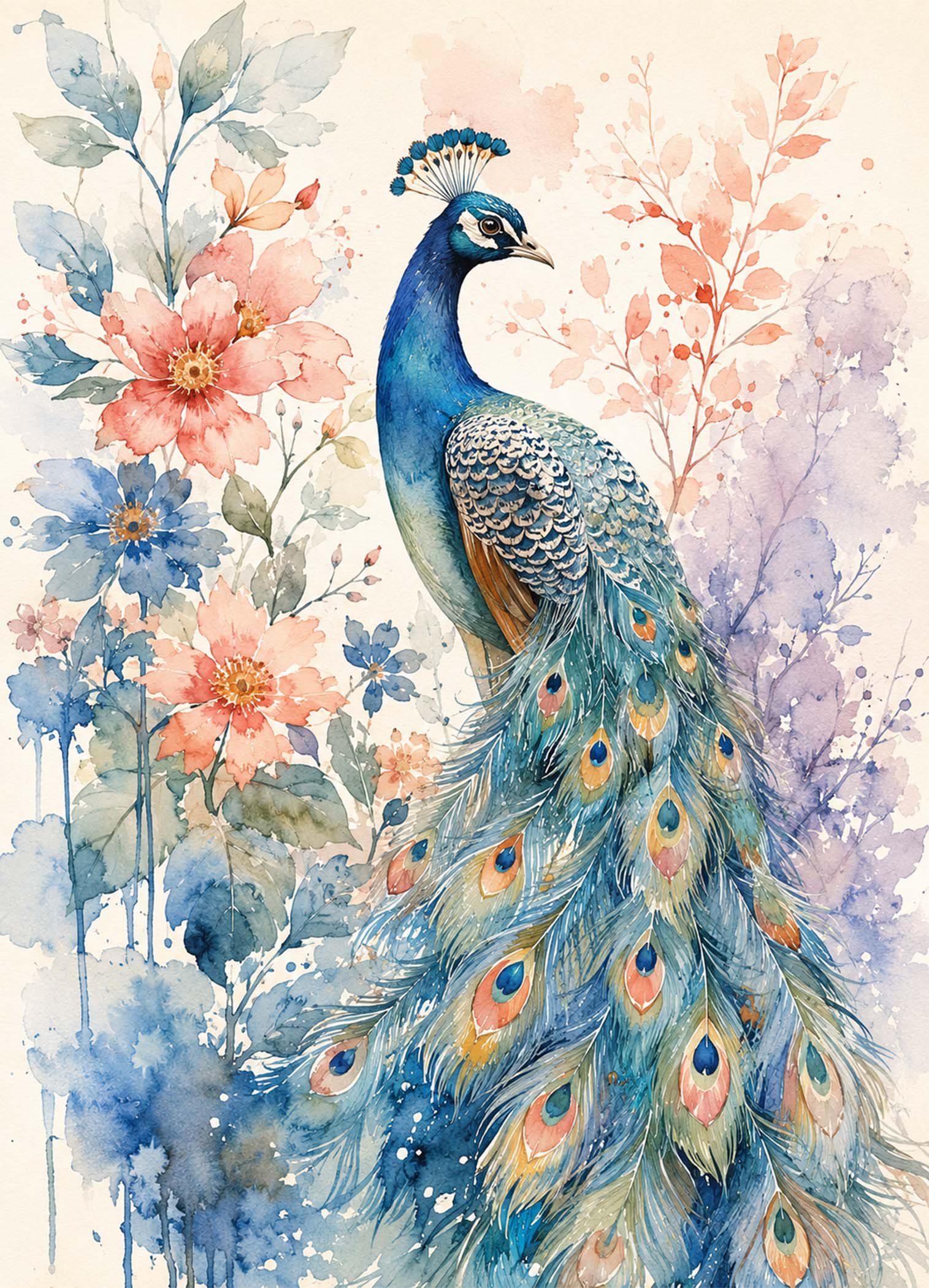 Affiche représentant une composition autour de paon aquarelle bleu et floral