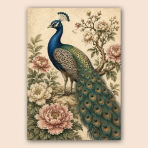 Affiche décorative avec paon et fleurs dans un style vintage