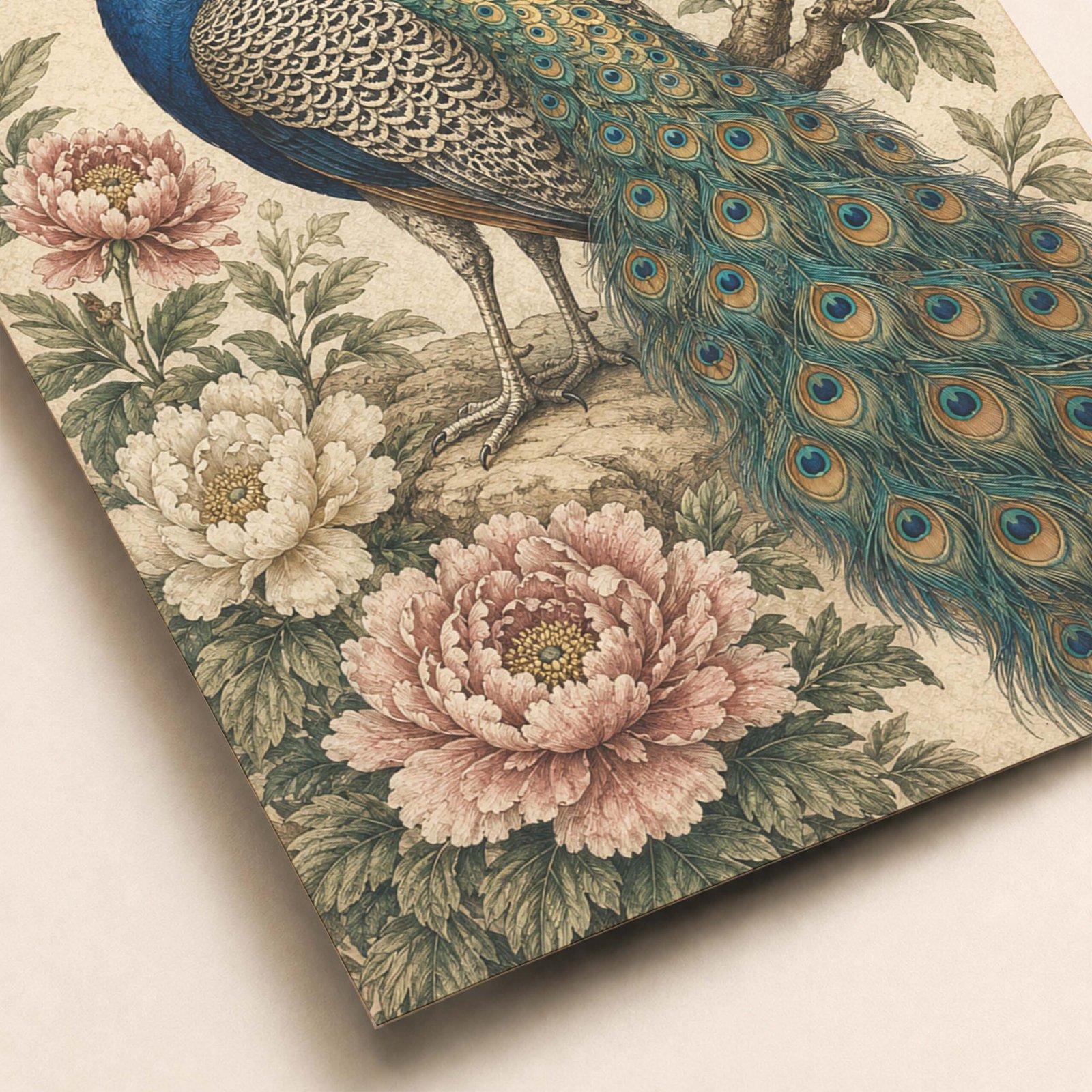 Détail du paon et des fleurs sur l’affiche botanique vintage