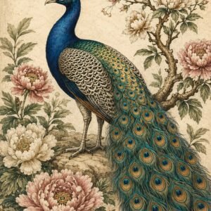 Affiche représentant Un paon majestueux prend la pose au milieu de fleurs délicates, dans une composition riche en détails et pleine de charme. L’ensemble évoque une illustration ancienne, à la fois décorative et poétique