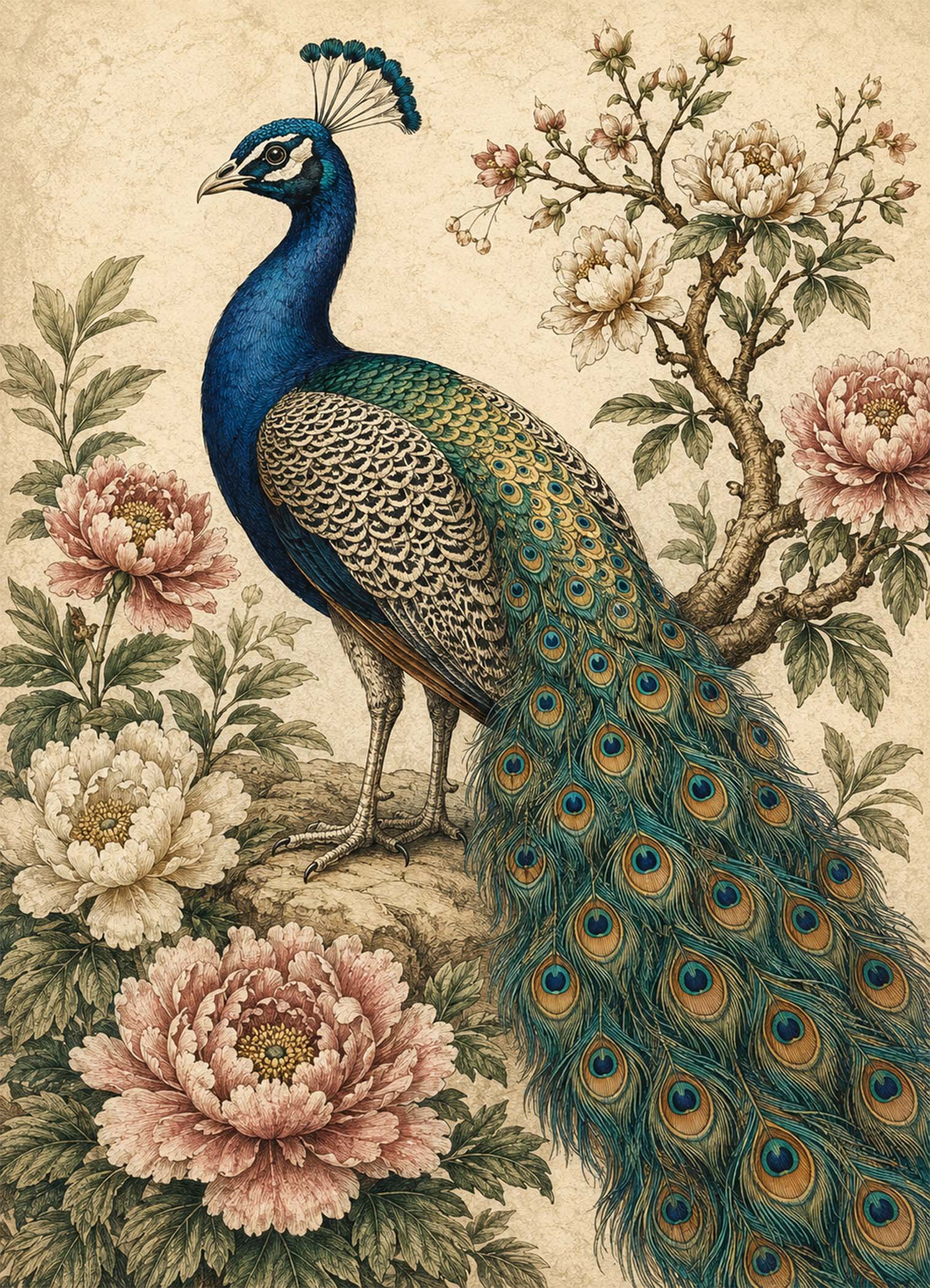 Affiche représentant Un paon majestueux prend la pose au milieu de fleurs délicates, dans une composition riche en détails et pleine de charme. L’ensemble évoque une illustration ancienne, à la fois décorative et poétique