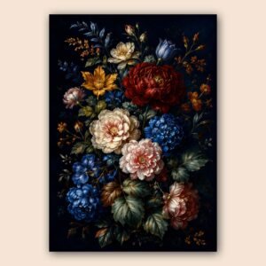 Affiche florale avec fleurs bleues, rouges et crème
