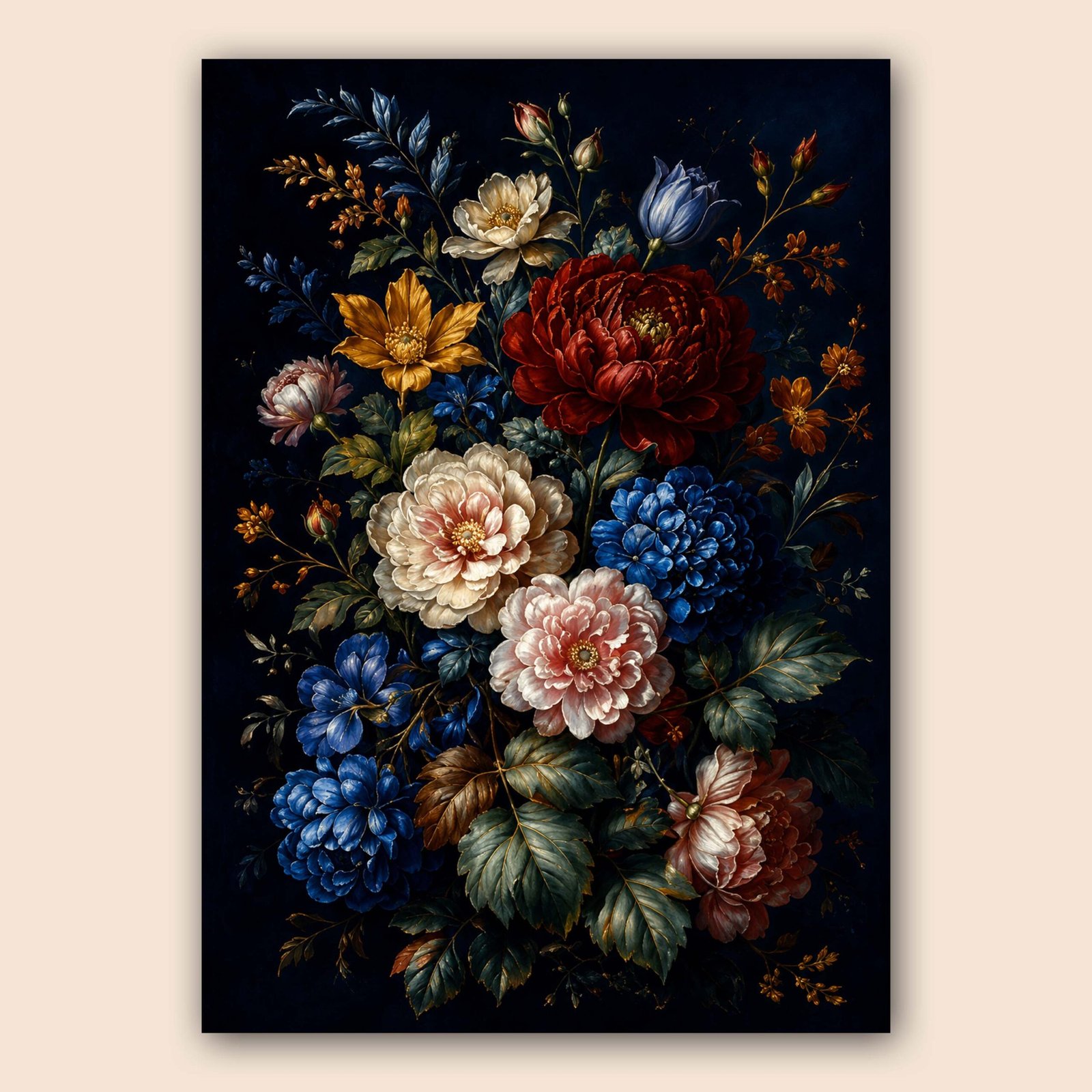 Affiche florale avec fleurs bleues, rouges et crème