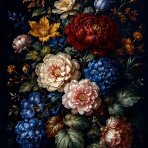 Affiche représentant une composition autour de bouquet floral sombre