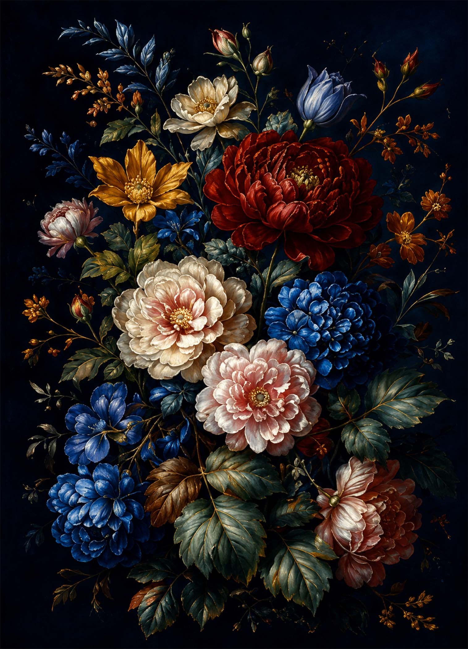 Affiche représentant une composition autour de bouquet floral sombre