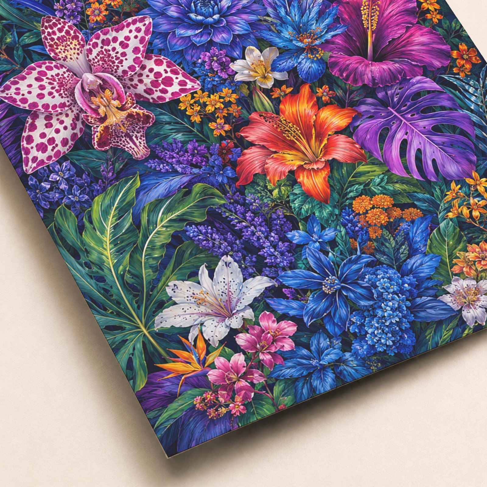Zoom sur les fleurs tropicales colorées et les détails du feuillage