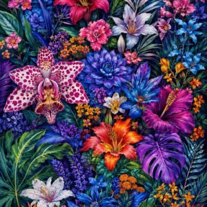 Affiche représentant une profusion de fleurs tropicales aux formes généreuses, dans une composition dense et spectaculaire. Les pétales éclatants et le feuillage profond créent un contraste vivant, idéal pour donner du relief à un mur