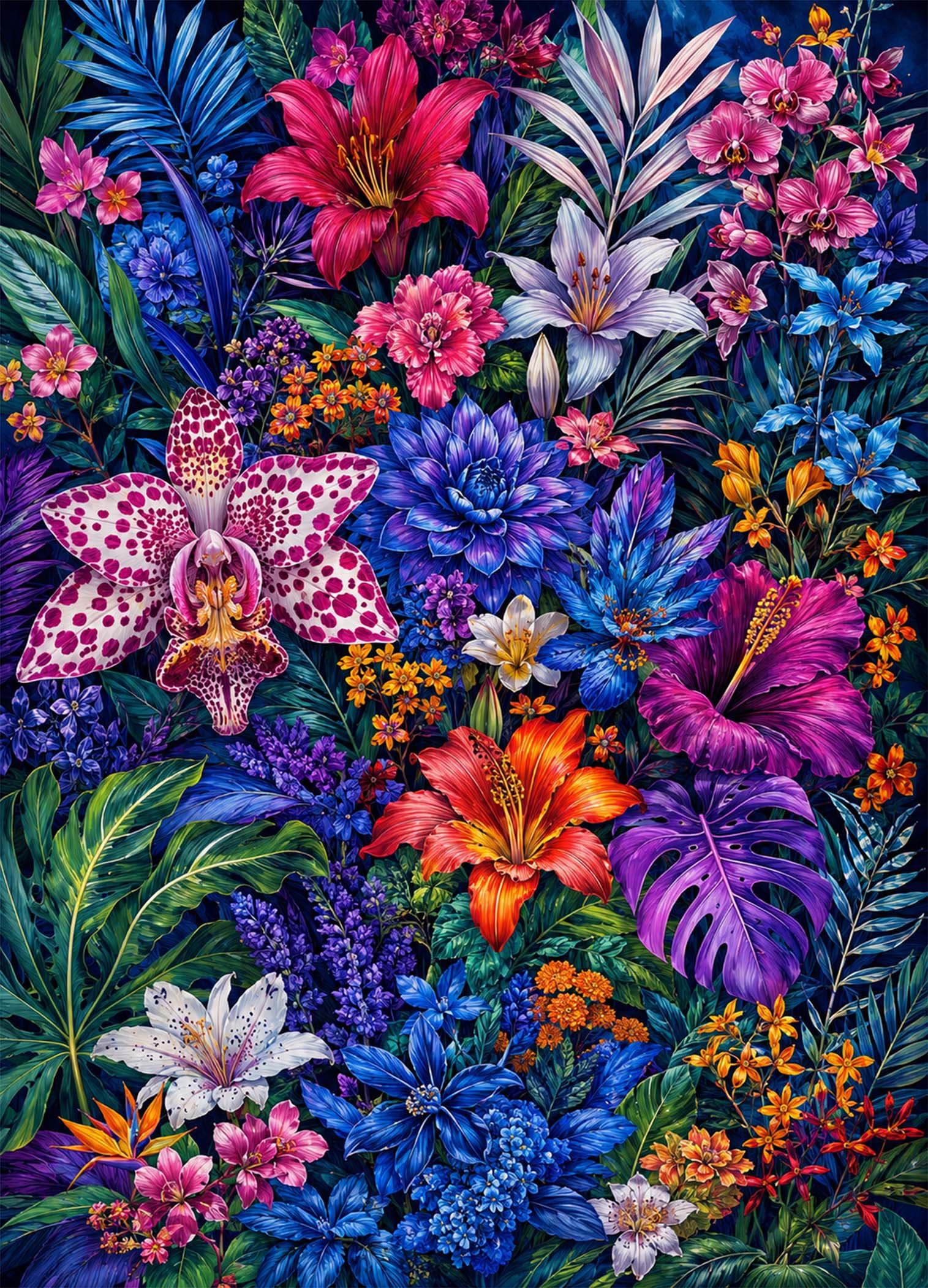 Affiche représentant une profusion de fleurs tropicales aux formes généreuses, dans une composition dense et spectaculaire. Les pétales éclatants et le feuillage profond créent un contraste vivant, idéal pour donner du relief à un mur