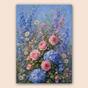 Composition florale romantique avec roses et hortensias dans des tons pastel