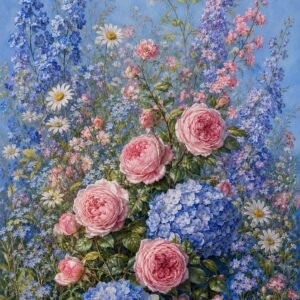 Affiche représentant une composition autour de fleurs romantiques bleu et rose