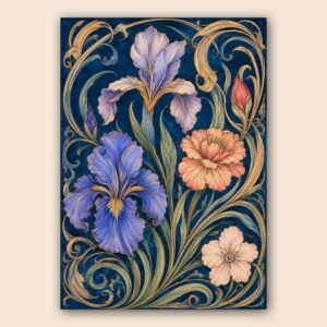 Illustration florale élégante avec fleurs violettes, roses et crème sur fond bleu