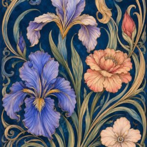 Affiche représentant une composition florale raffinée, portée par de grands iris et des fleurs délicates aux courbes souples. Les arabesques dorées apportent une vraie sensation de mouvement et donnent à l'ensemble un charme décoratif très élégant