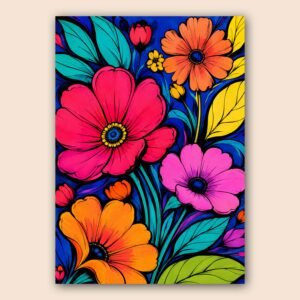 Affiche de fleurs stylisées rose orange jaune turquoise sur fond bleu