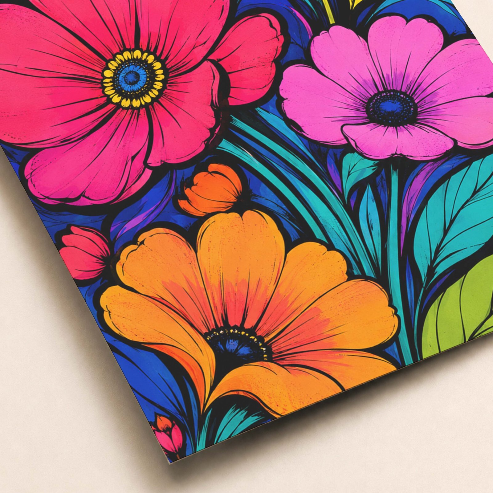 Détail d'une affiche florale graphique avec contours noirs et couleurs vives