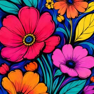 Affiche représentant un bouquet de fleurs stylisées aux couleurs éclatantes, avec un contraste fort qui attire immédiatement le regard. Les contours noirs donnent du relief à l’ensemble et renforcent son côté graphique
