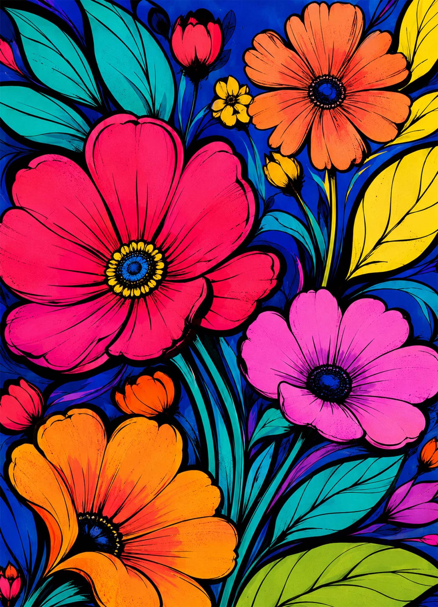 Affiche représentant un bouquet de fleurs stylisées aux couleurs éclatantes, avec un contraste fort qui attire immédiatement le regard. Les contours noirs donnent du relief à l’ensemble et renforcent son côté graphique