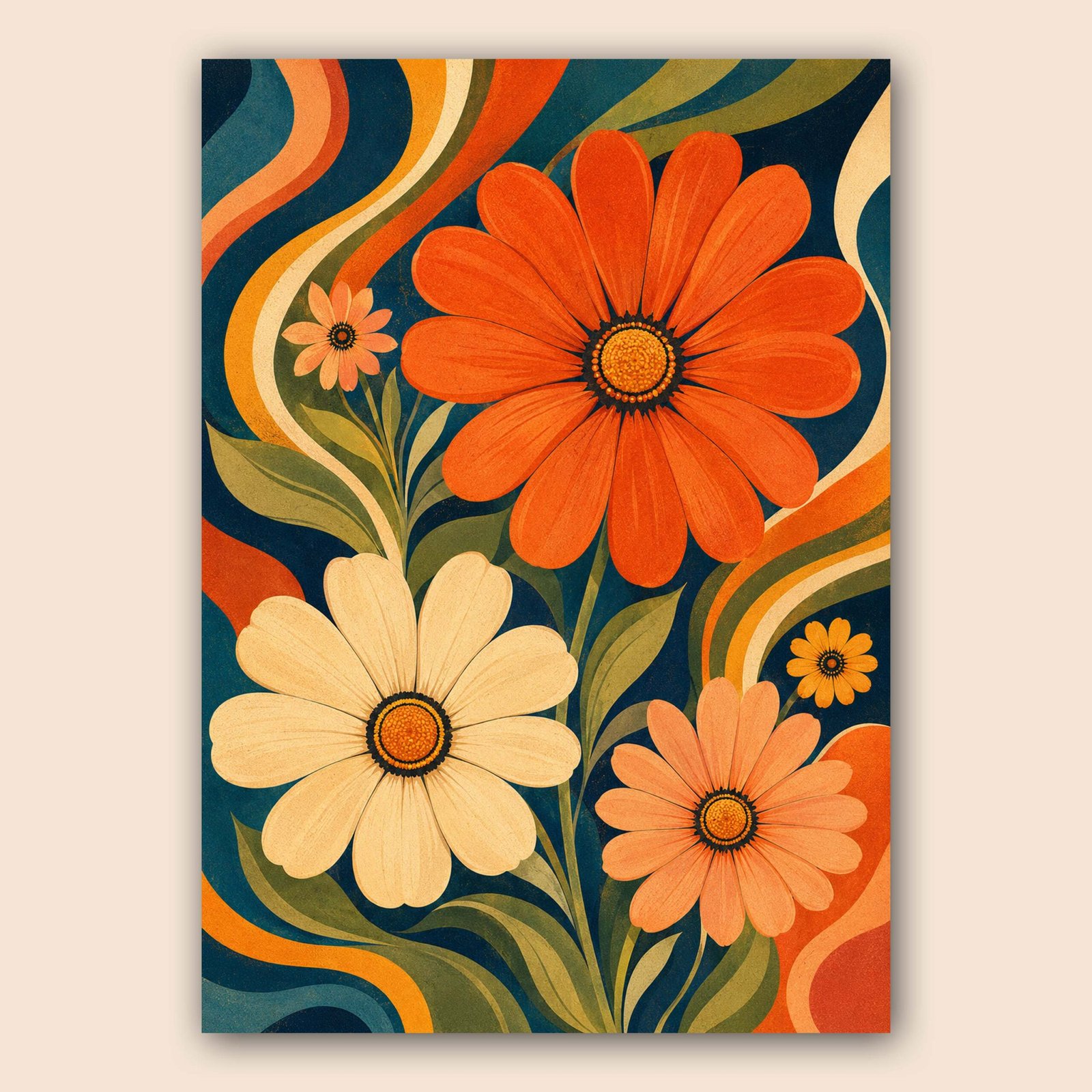 Affiche florale décorative aux couleurs orange, crème et vert sur fond bleu