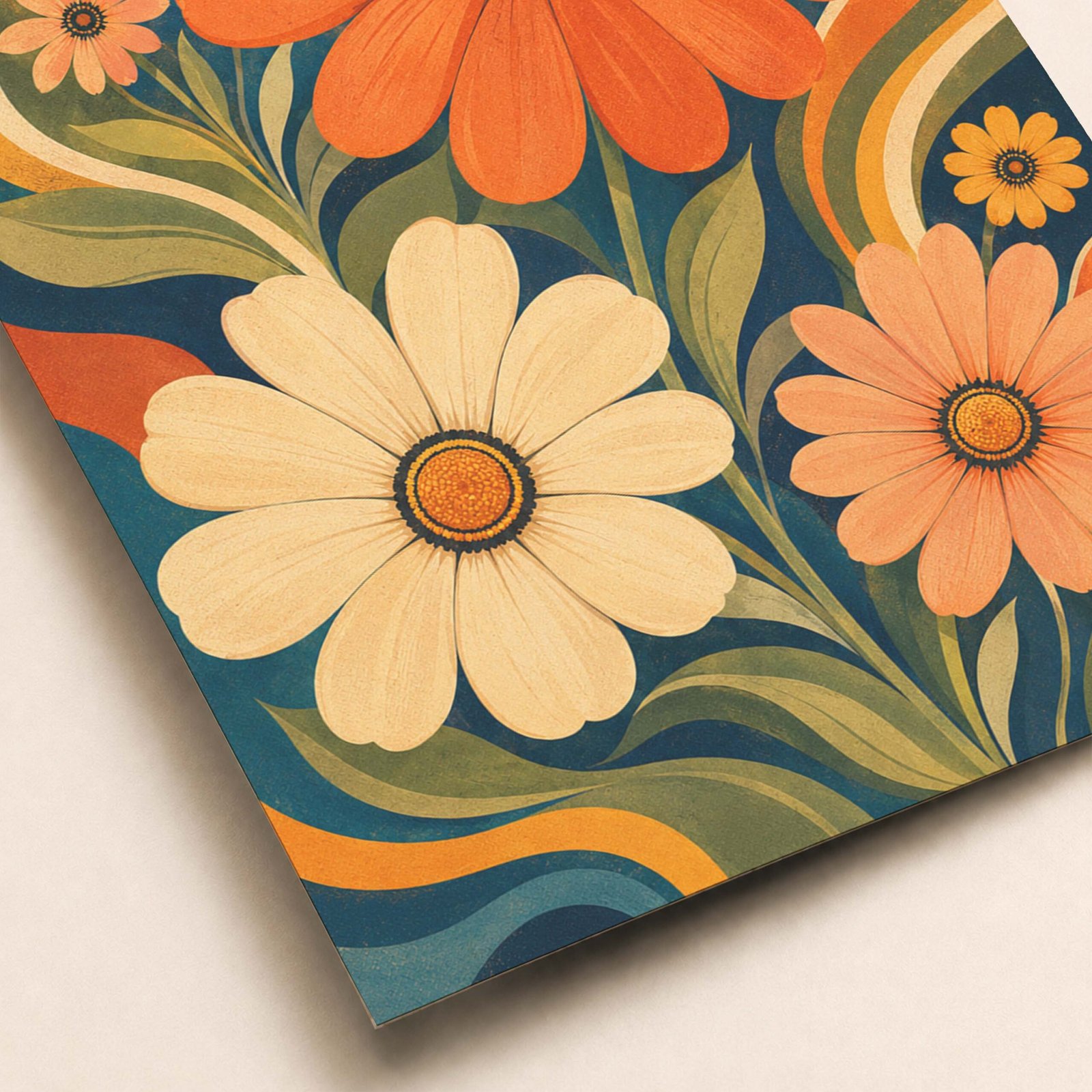 Zoom sur les pétales orange et crème d’une fleur stylisée sur fond bleu