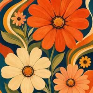 Affiche représentant une composition autour de fleurs rétro colorées