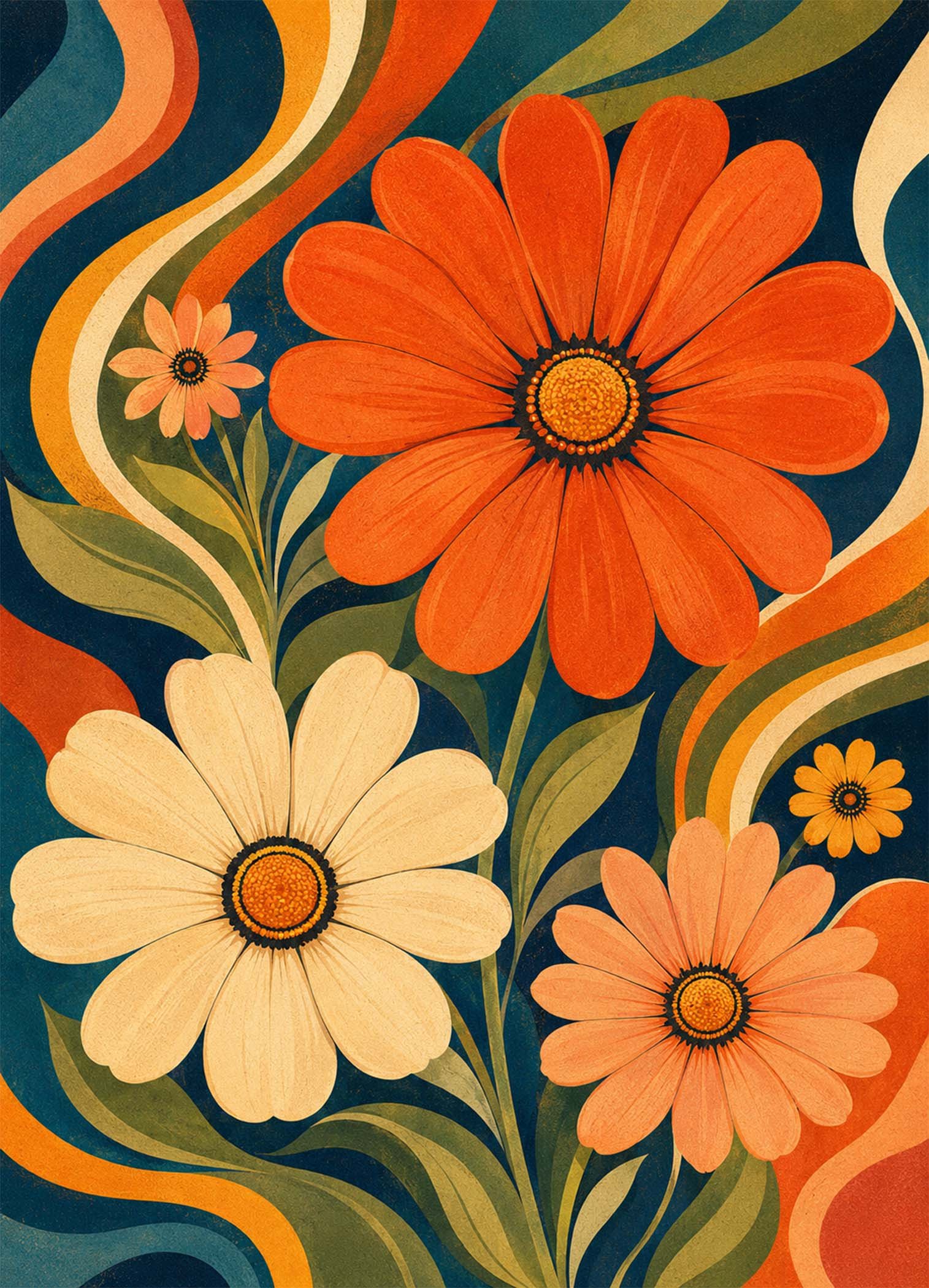Affiche représentant une composition autour de fleurs rétro colorées