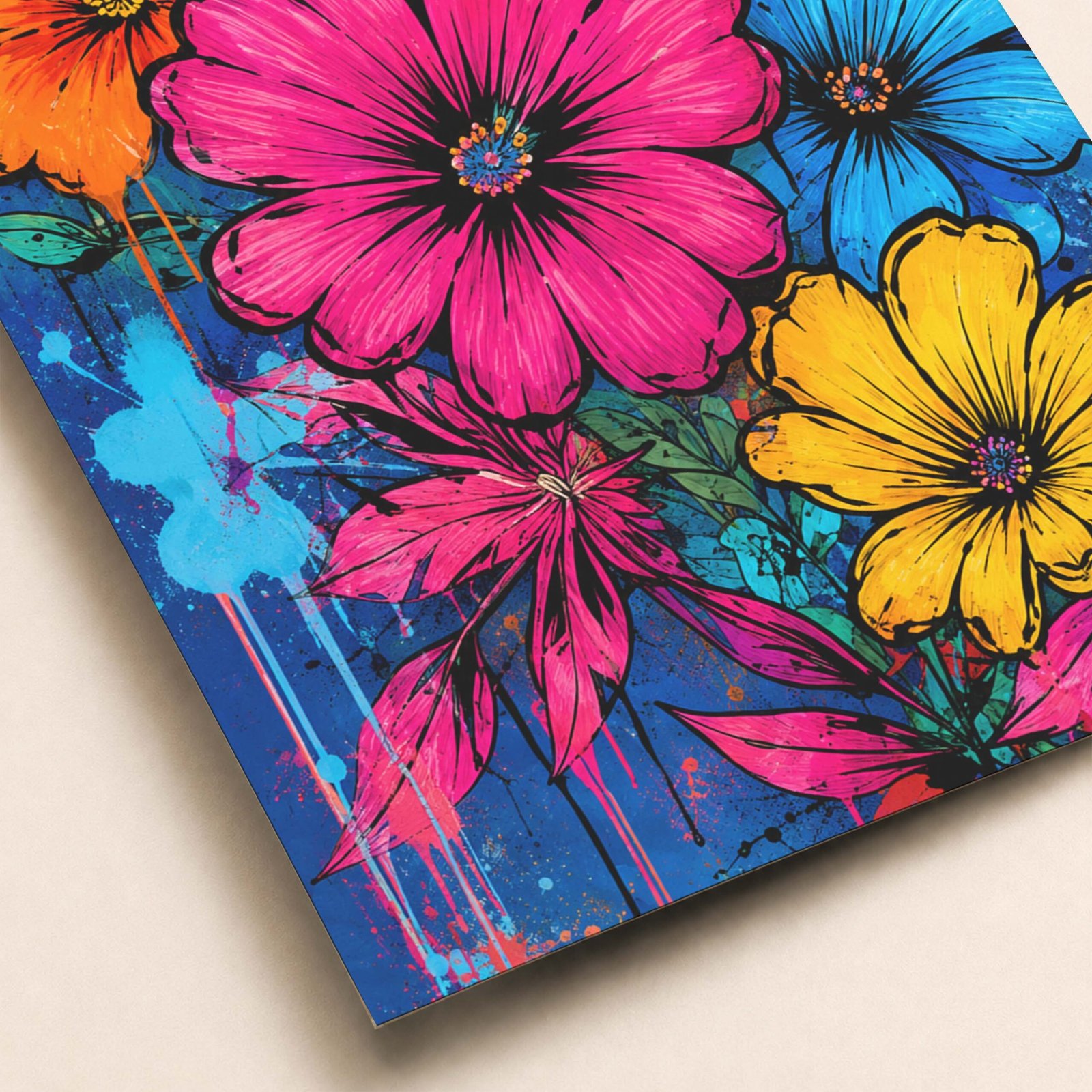 Détail d'une affiche florale pop art aux contours noirs et couleurs vives