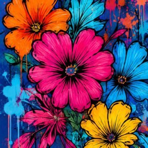 Affiche représentant un bouquet de grandes fleurs pop, éclatantes et expressives, sur un fond bleu profond animé de projections de peinture. Le contraste entre les pétales rose fuchsia, orange, jaune et bleu crée un rendu vivant, moderne et très décoratif