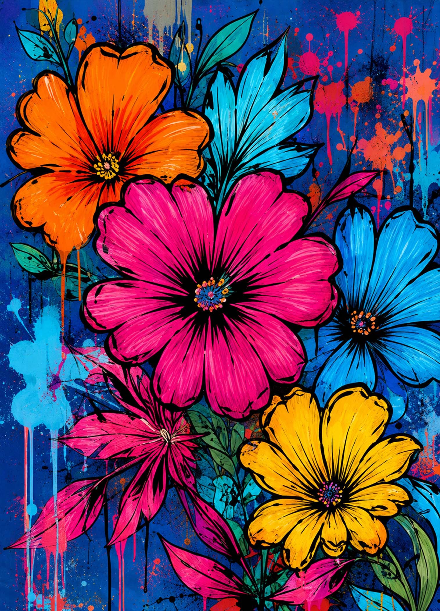 Affiche représentant un bouquet de grandes fleurs pop, éclatantes et expressives, sur un fond bleu profond animé de projections de peinture. Le contraste entre les pétales rose fuchsia, orange, jaune et bleu crée un rendu vivant, moderne et très décoratif