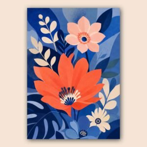 Illustration florale moderne avec fleurs corail et feuillages bleus