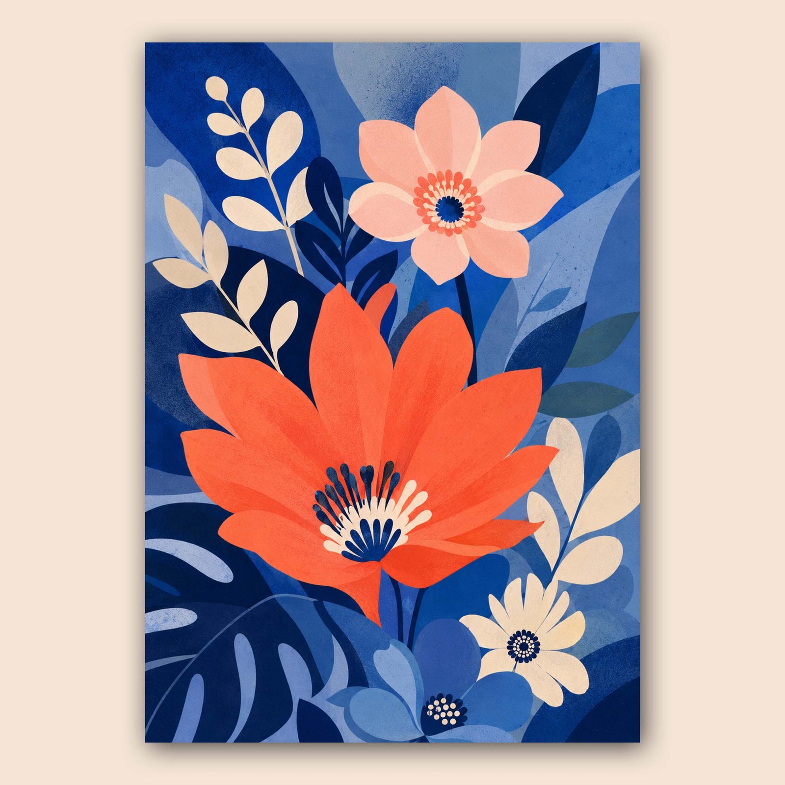 Illustration florale moderne avec fleurs corail et feuillages bleus