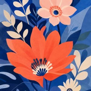 Affiche représentant une composition florale stylisée, pleine de relief visuel et de douceur. Les grandes fleurs corail contrastent joliment avec les feuillages bleus et les pétales crème, pour un rendu à la fois vivant et apaisant