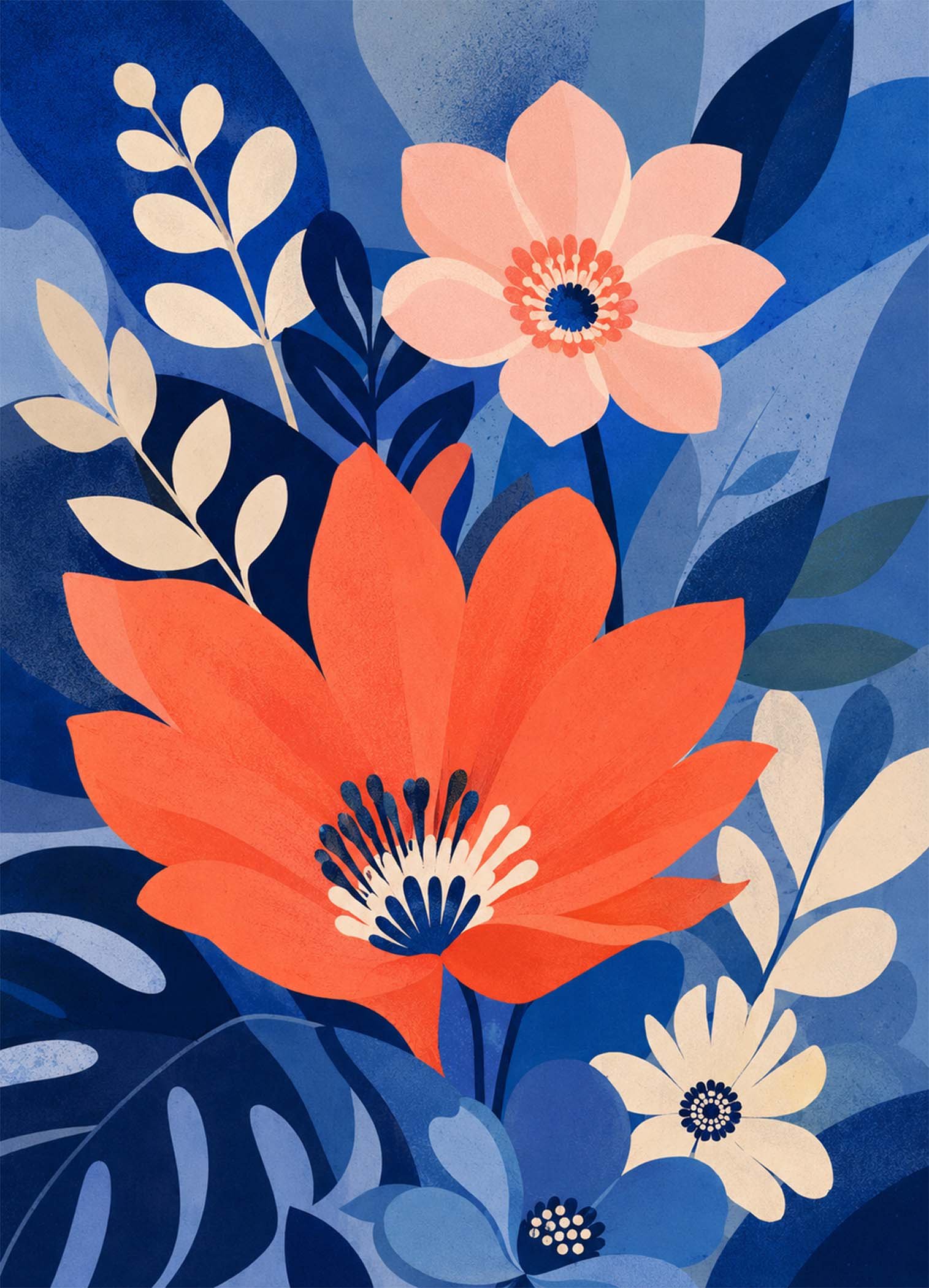 Affiche représentant une composition florale stylisée, pleine de relief visuel et de douceur. Les grandes fleurs corail contrastent joliment avec les feuillages bleus et les pétales crème, pour un rendu à la fois vivant et apaisant