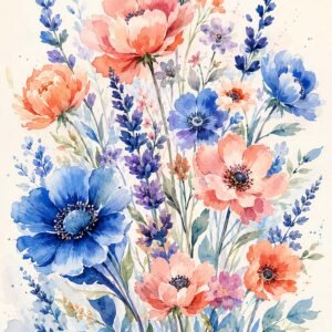 Affiche représentant une composition autour de bouquet aquarelle bleu et corail