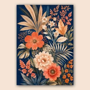 Illustration florale décorative avec fleurs corail, crème et feuillages sur fond bleu nuit