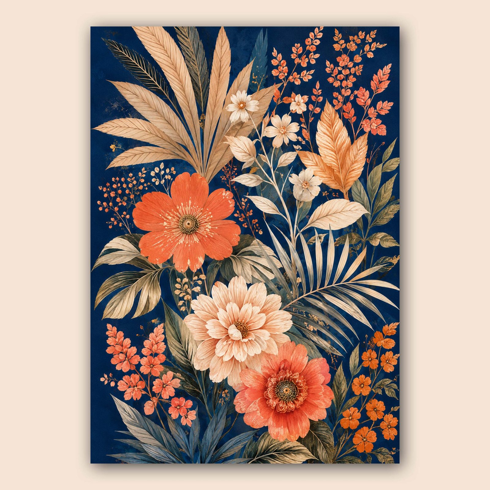 Illustration florale décorative avec fleurs corail, crème et feuillages sur fond bleu nuit