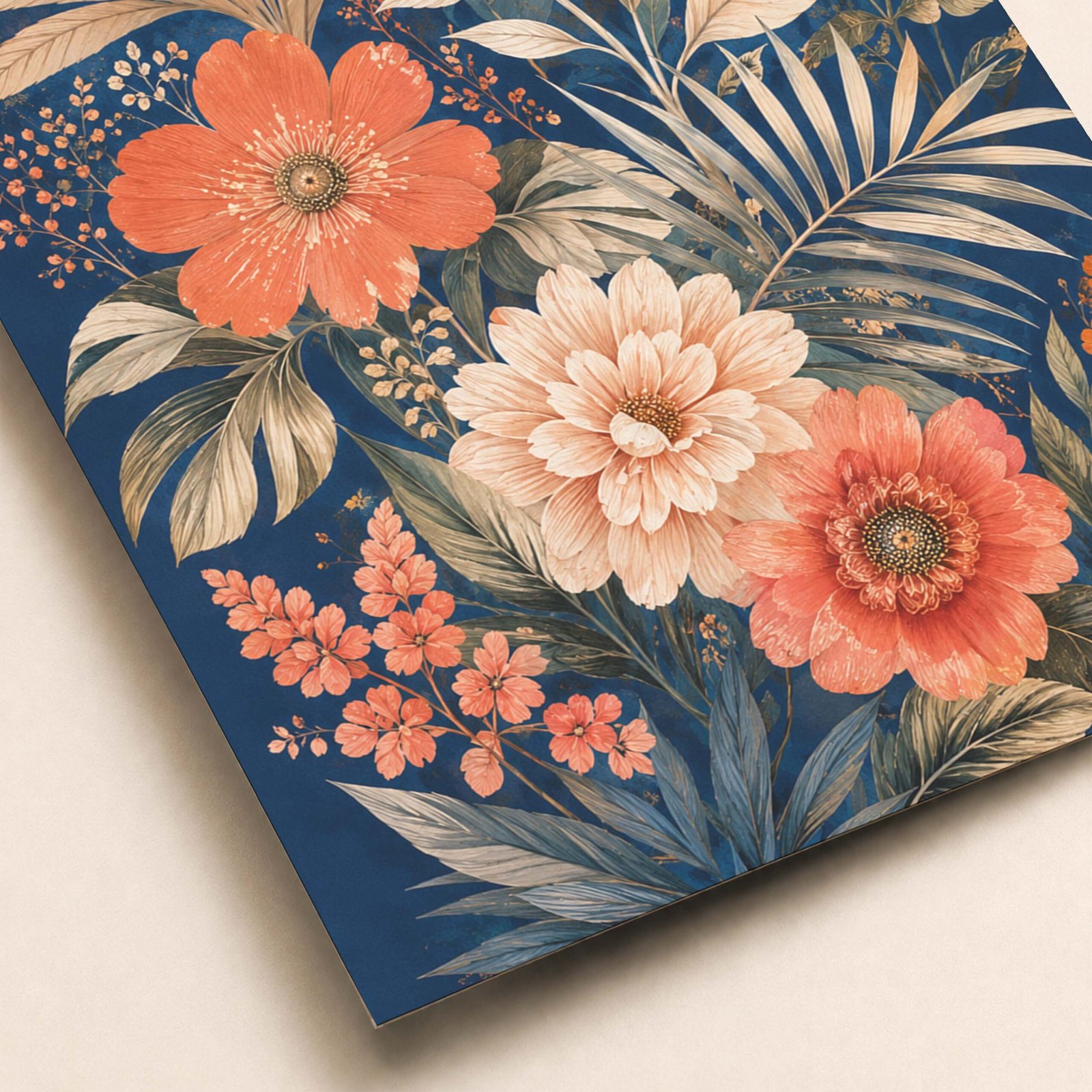 Détail de l'illustration florale avec fleurs et feuillages sur fond bleu nuit