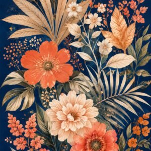 Affiche représentant une composition florale généreuse, avec de grandes fleurs aux tons corail et crème, entourées de feuillages fins et de petites touches orangées. Le fond bleu nuit fait ressortir chaque détail et donne beaucoup de profondeur à l'ensemble