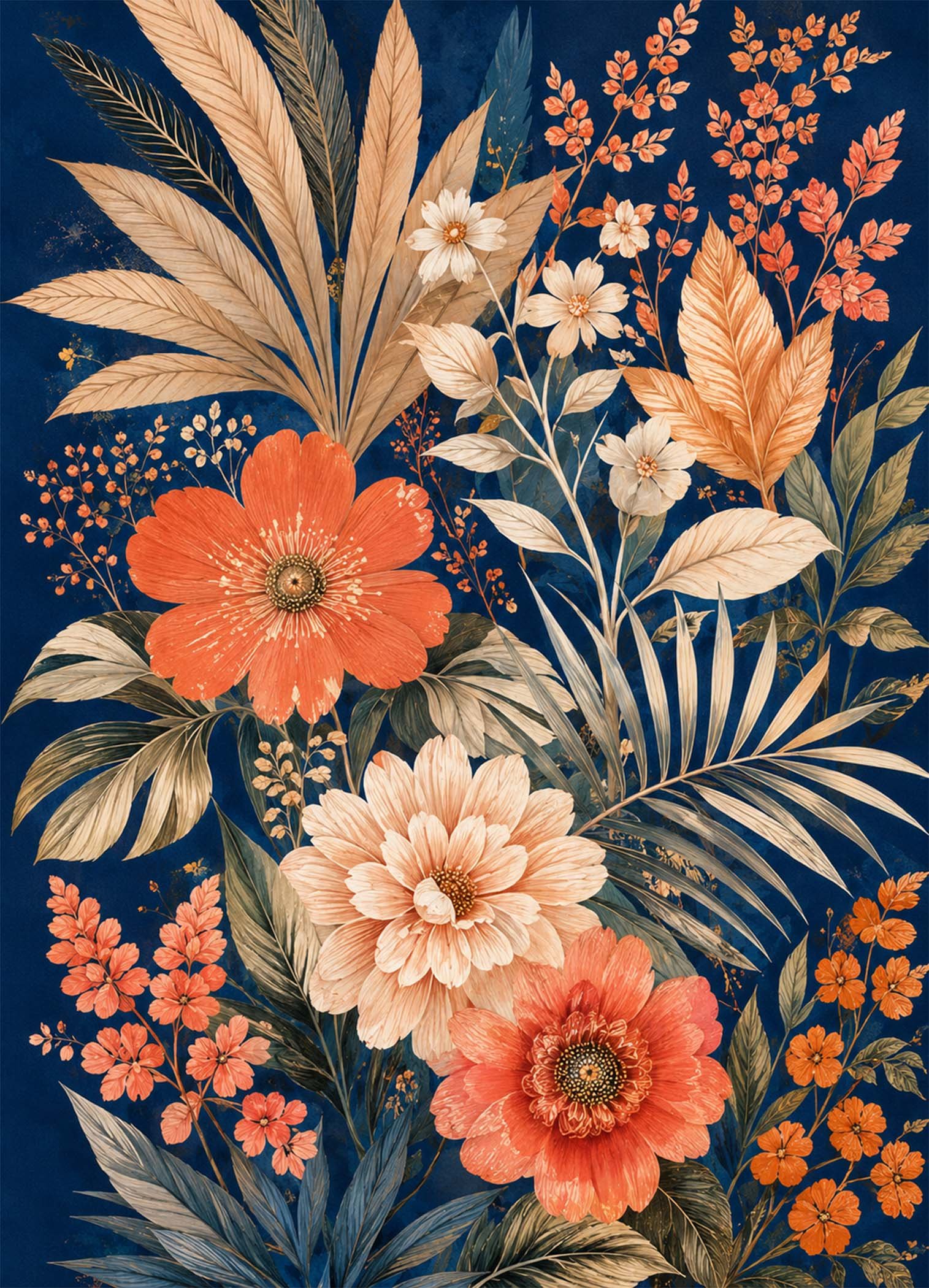 Affiche représentant une composition florale généreuse, avec de grandes fleurs aux tons corail et crème, entourées de feuillages fins et de petites touches orangées. Le fond bleu nuit fait ressortir chaque détail et donne beaucoup de profondeur à l'ensemble