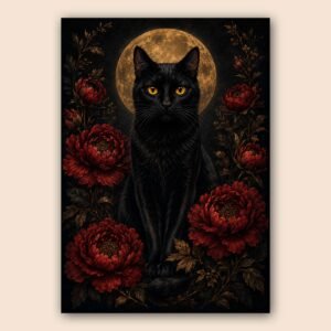 Affiche avec chat noir, lune dorée et fleurs rouges