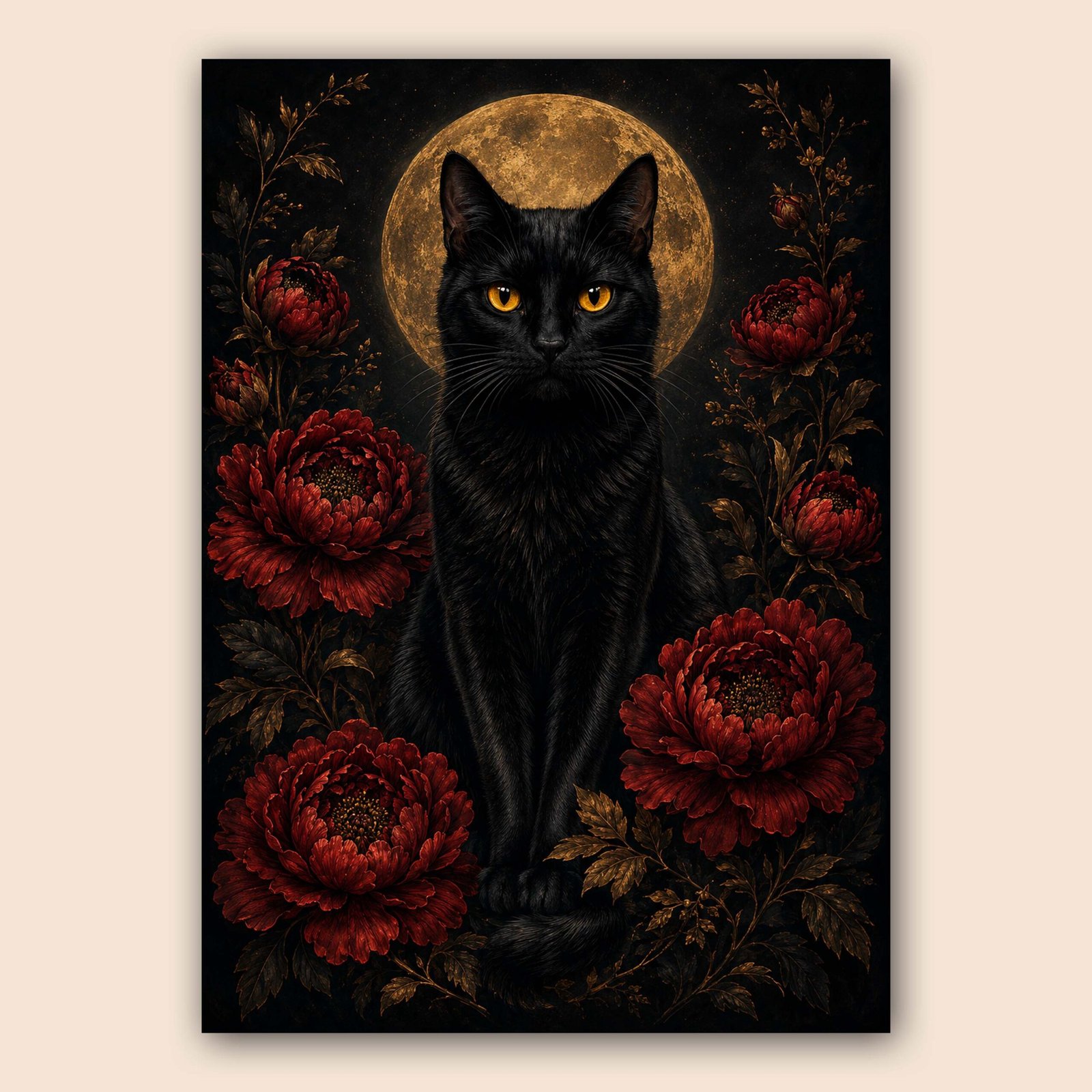 Affiche avec chat noir, lune dorée et fleurs rouges