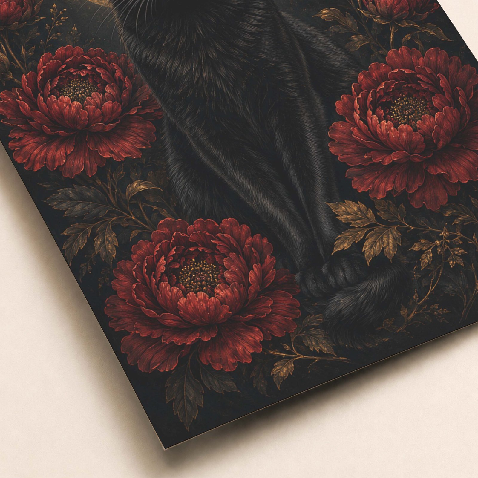 Détail du chat noir et des fleurs rouges sur fond sombre
