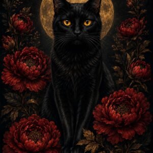 Affiche représentant Un chat noir au regard intense se détache sur un fond sombre, mis en valeur par une lune dorée derrière lui. Autour, de grandes fleurs rouges apportent une touche botanique profonde et théâtrale