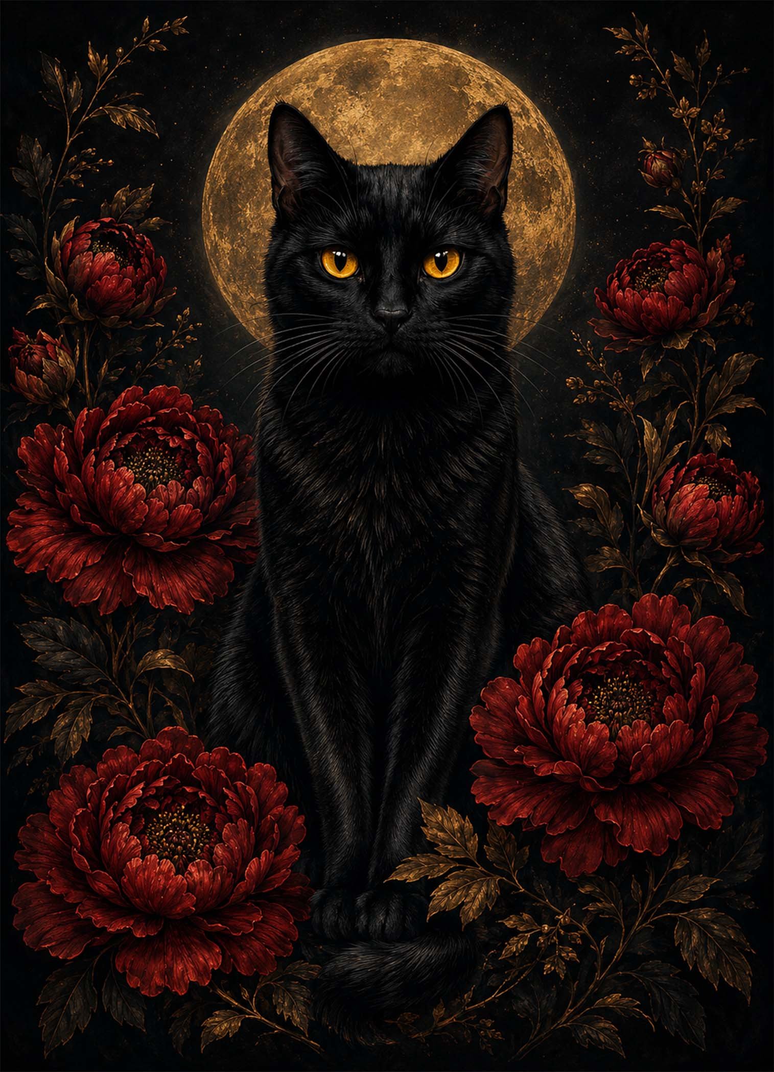 Affiche représentant Un chat noir au regard intense se détache sur un fond sombre, mis en valeur par une lune dorée derrière lui. Autour, de grandes fleurs rouges apportent une touche botanique profonde et théâtrale