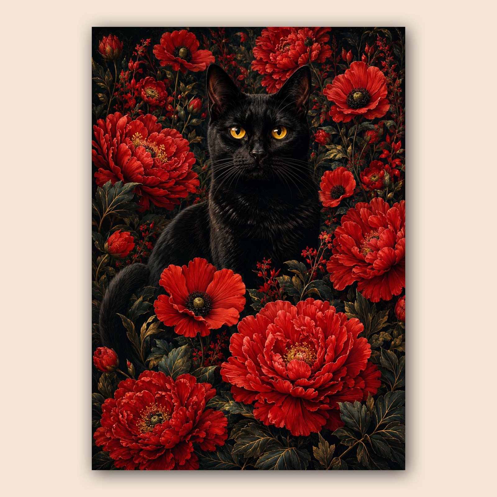 Illustration d’un chat noir entouré de fleurs rouges
