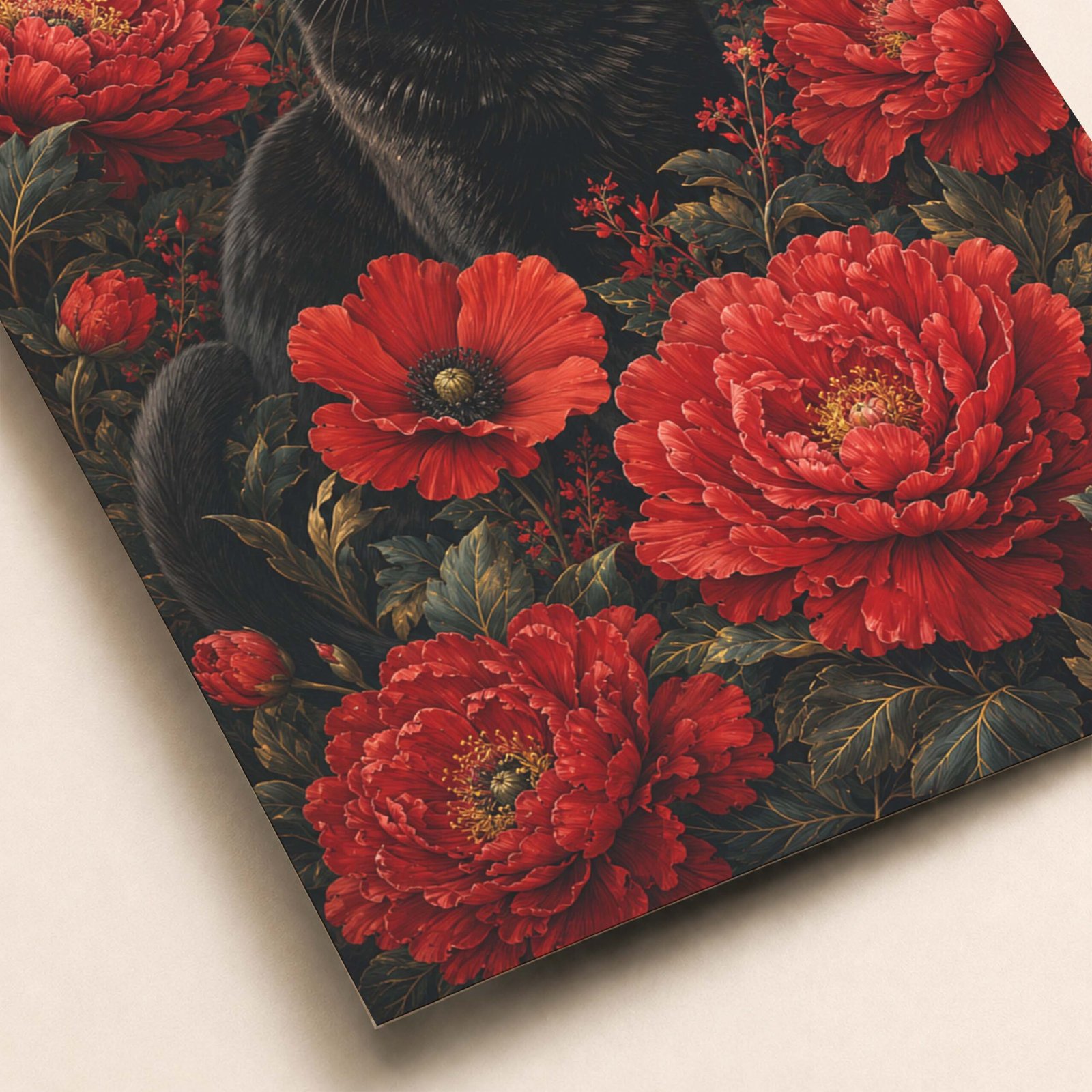 Zoom sur le chat noir et les fleurs rouges