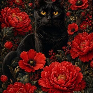 Affiche représentant Un chat noir au regard doré se détache au cœur d’un décor floral rouge profond. L’ensemble crée une image forte, élégante et un peu mystérieuse, idéale pour donner du caractère à un mur